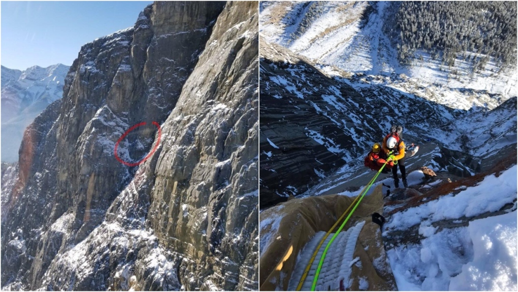 Search and rescue teams use a high-angle operation to save a stranded BASE jumper near Canmore, Alta. (Kananaskis Country Public Safety)