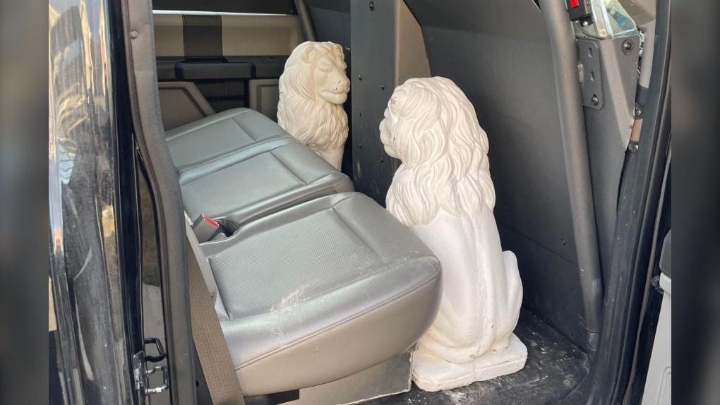 A pair of stolen lion statues were recovered by Calgary police. (Courtesy Rebecca Pham)