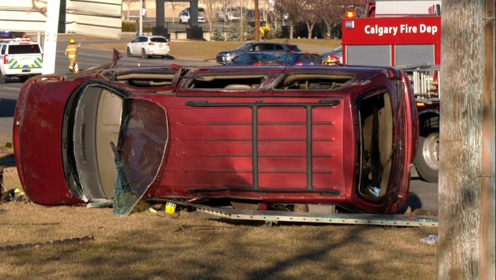 Emergency crews respond to a single-vehicle rollover on Macleod Trail S.E. on Nov. 29, 2021.