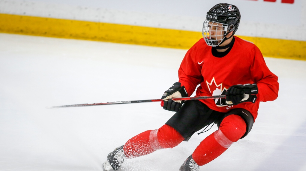 Connor Bedard skates during a practice at the Canadian World Junior Hockey Championships selection camp in Calgary, Thursday, Dec. 9, 2021. (THE CANADIAN PRESS/Jeff McIntosh )