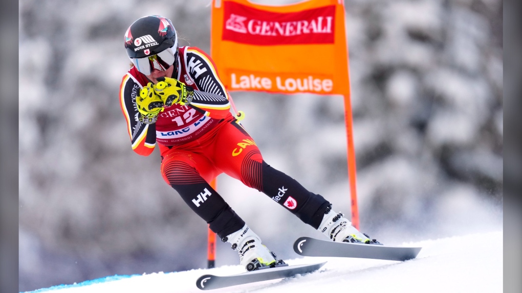 Marie-Michele Gagnon of Canada skis down the course during the during the first women's World Cup downhill training run in Lake Louise, Alta., on Nov. 30, 2021. (THE CANADIAN PRESS/Frank Gunn)