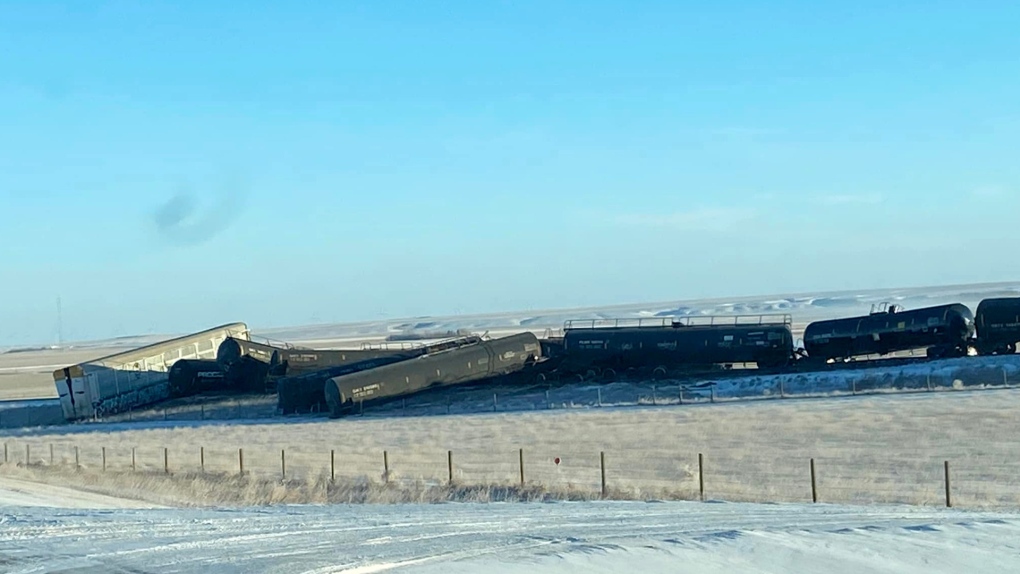 Diesel fuel is reportedly leaking from a train engine following a derailment near Barons, Alta. (Courtesy Darryl Watts/Facebook)