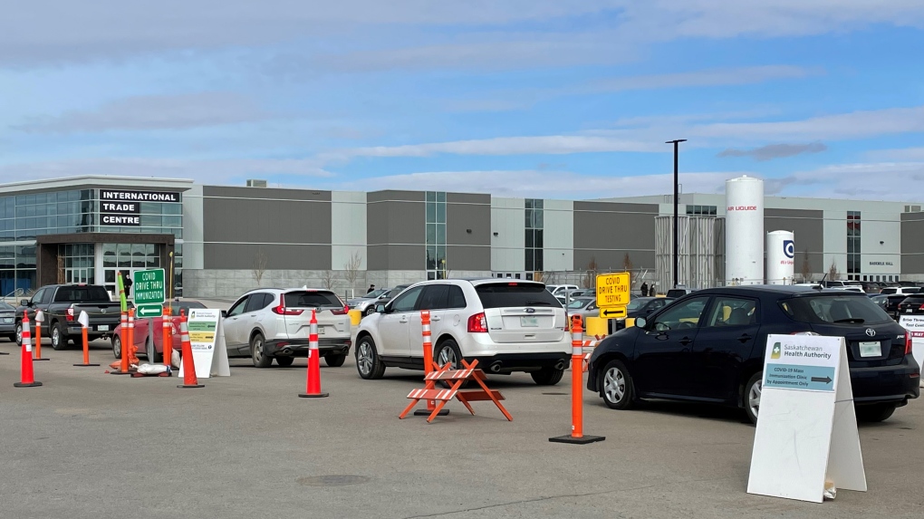 Vehicles are seen lined up at Regina's drive-thru COVID-19 testing site, on March 24, 2021. Starting June 7, drive-thru vaccinations will be available in northeast Calgary. (Marc Smith/CTV News)