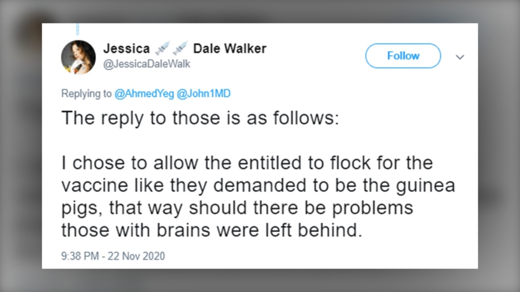 The Nov. 22, 2020 Twitter post of Jessica Dale Walker, since selected as the Liberal candidate for Calgary Nose Hill, where she suggested initial COVID-19 vaccine recipients would be entitled. (Twitter)