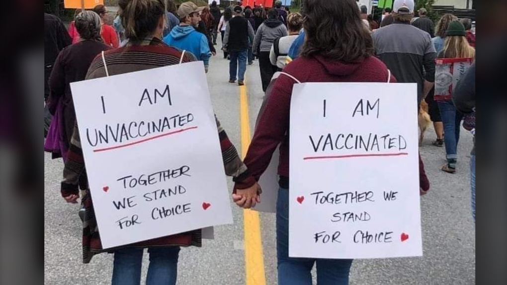 A photo of two people hand-in-hand with differing vaccine statuses was posted to Airdrie-East MLA Angela Pitt's Facebook page on Sept. 8. (Facebook/Angela Pitt)