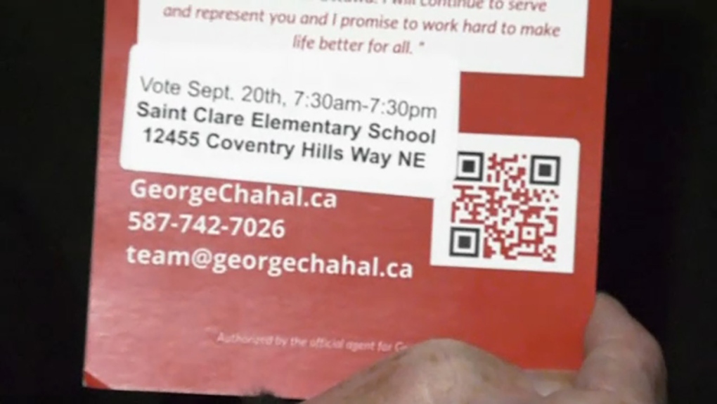 Chahal campaign literature that was left on doorstep of a northeast Calgary man who was upset that Chahal removed a card promoting his opponent. Chahal's spokesperson said the card he removed contained incorrect polling station information and that they have reported it to Elections Canada.