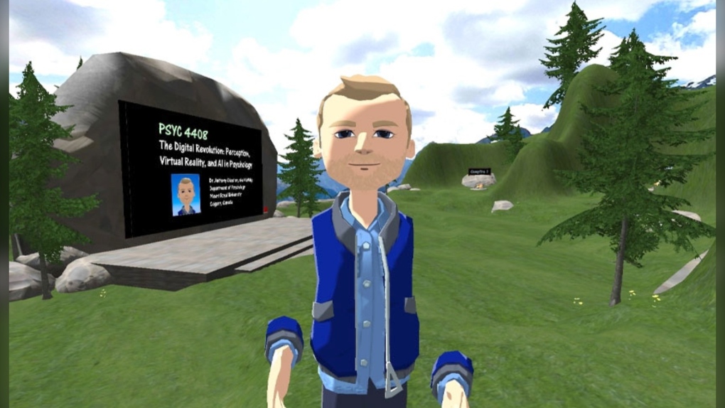 Dr. Tony Chaston in teh virtual reality world he created to teach a fourth-year psychology course at Mount Royal University. (Courtesy MRU)