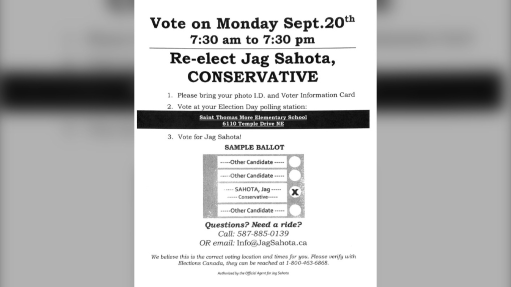 A copy of the flyer left by Jag Sahota, which she says was taken by Liberal candidate George Chahal. (Supplied)