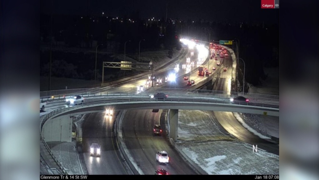 Tuesday morning traffic on Glenmore Trail near the 14th Street SW interchange. (City of Calgary)