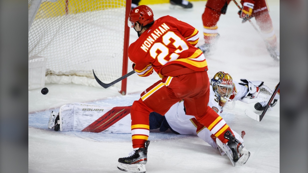 Florida Panthers goalie Spencer Knight, right, looks on as Calgary Flames' Sean Monahan scores during third period NHL hockey action in Calgary on Jan. 18, 2022.(THE CANADIAN PRESS/Jeff McIntosh)