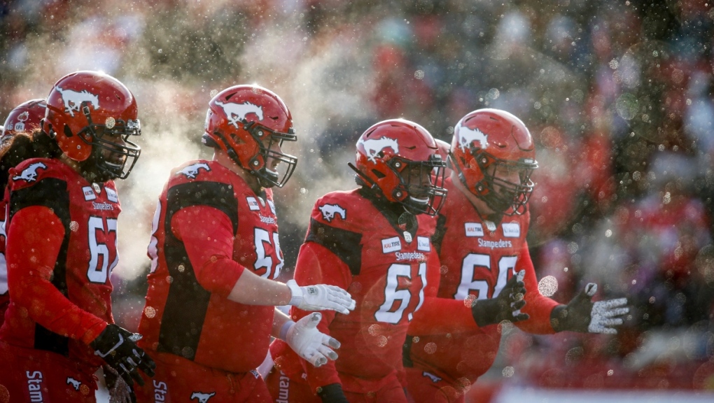 Calgary Stampeders, left to right, Zack Williams, Ryan Sceviour, Ucambre Williams, Shane Bergman, take there positions during CFL West Semifinal football action against the Winnipeg Blue Bombers, in Calgary, Sunday, Nov. 10, 2019. (THE CANADIAN PRESS/Jeff McIntosh)