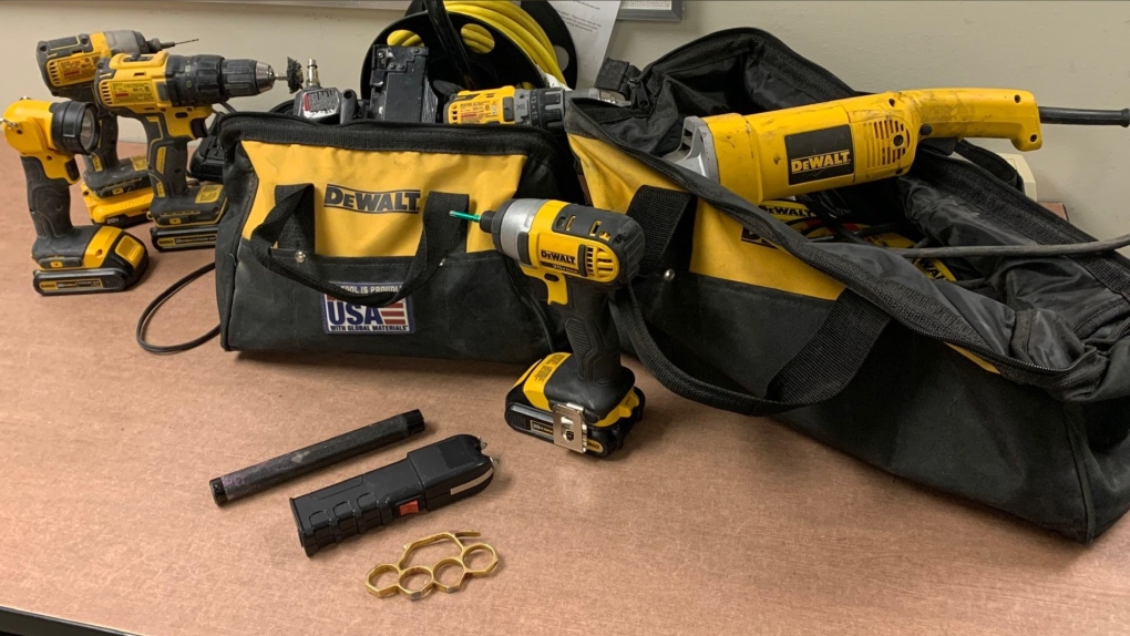 Weapons and stolen tools seized during a Lethbridge Police Service/Claresholm RCMP seizure that was spurred by a report that stolen items were available for sale on social media. (LPS)