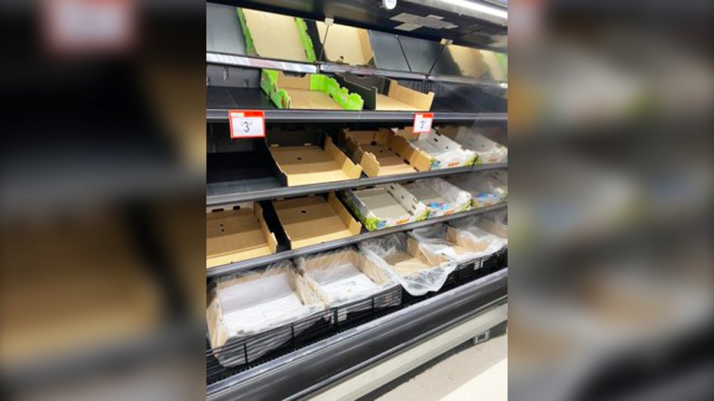 Premier Kenney tweeted out images of sparsely-stocked shelves Monday morning, tweeting "I’m getting pictures like this from grocery stores across Alberta this morning. This is turning into a crisis. It requires immediate action by the Canadian & US governments."