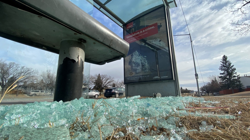 A vandalized bus shelter in the 6800 block of Centre St. N. on Monday.