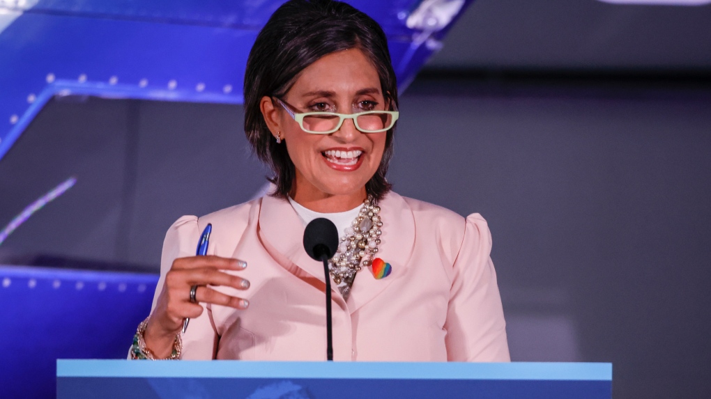 Leela Aheer makes a comment during the United Conservative Party of Alberta leadership candidate's debate in Medicine Hat, Alta., on July 27, 2022. THE CANADIAN PRESS/Jeff McIntosh