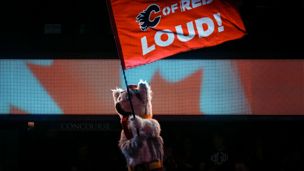 Calgary Flames' mascot Harvey the Hound waves a flag during the national anthems prior to first period NHL hockey action against the San Jose Sharks, in Calgary on Monday, Dec. 31, 2018. THE CANADIAN PRESS/Jeff McIntosh