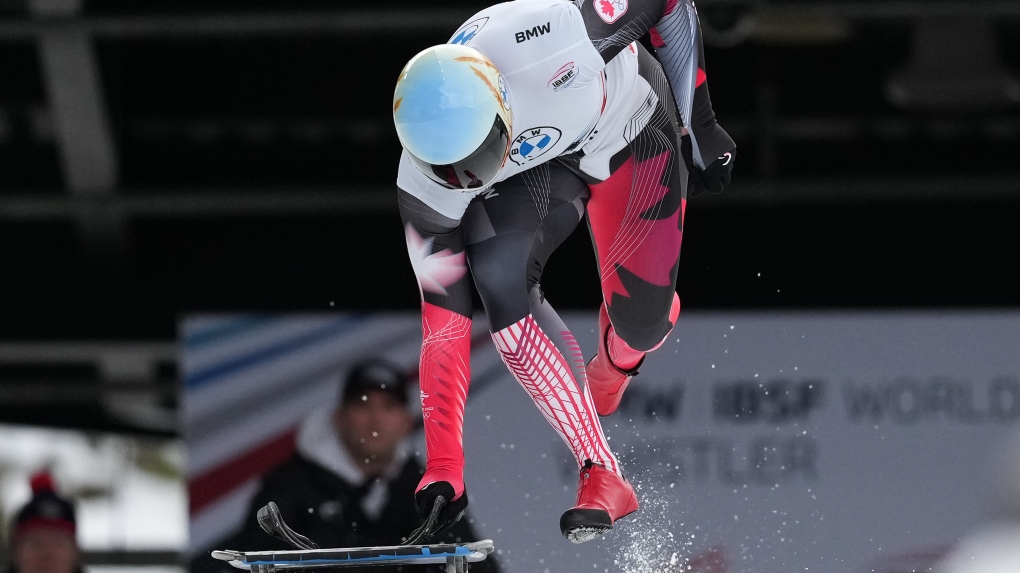 Canada's Blake Enzie, of Calgary, Alta., sprints from the start during the men's competition at the IBSF Skeleton World Cup event, in Whistler, B.C., on Thursday Nov. 24, 2022. THE CANADIAN PRESS/Darryl Dyck