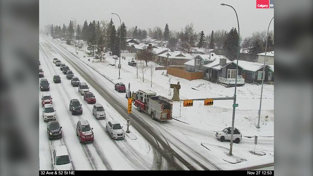 A two-vehicle collision blocked the right-hand lane at 32 Avenue and 52 Street N.E. Sunday around 1 p.m., as a snow squall watch was issued for Calgary by Environment Canada