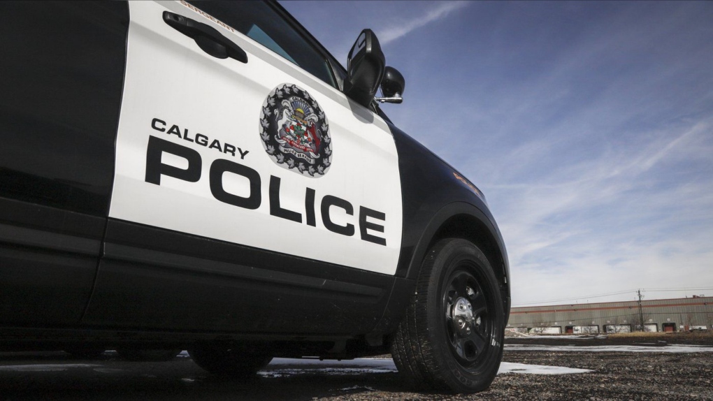 Police vehicles at Calgary Police Service headquarters on April 9, 2020. (THE CANADIAN PRESS/Jeff McIntosh)