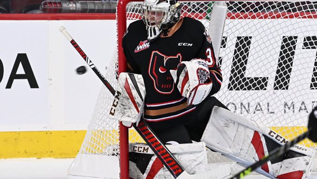 Calgary Hitmen goalie Brayden Peters stopped 23 shots Saturday night in Medicine Hat, picking up his third shutout of the season in a 2-0 victory. (Photo: Twitter@WHLHitmen)