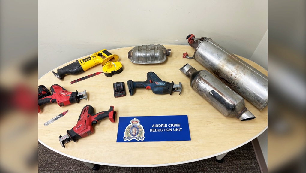 Items recovered from an investigation by Airdrie RCMP include a number of catalytic converters and a Ford F-150 pickup truck (not in photograph). (Supplied: Airdrie RCMP)