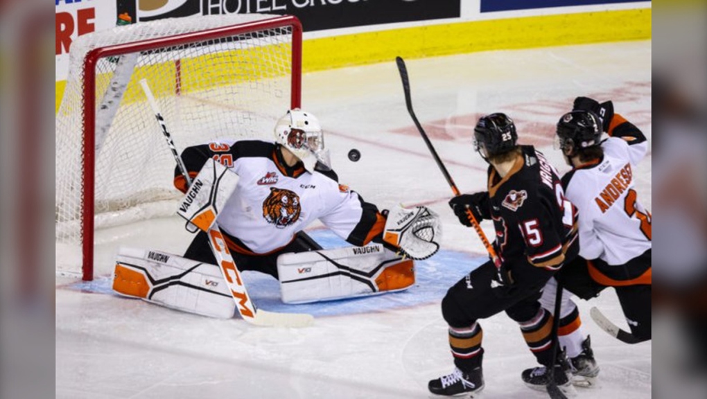 Calgary's Carson Wetsch is pictured during a game against Medicine Hat. (Photo: Twitter@WHLHitmen)