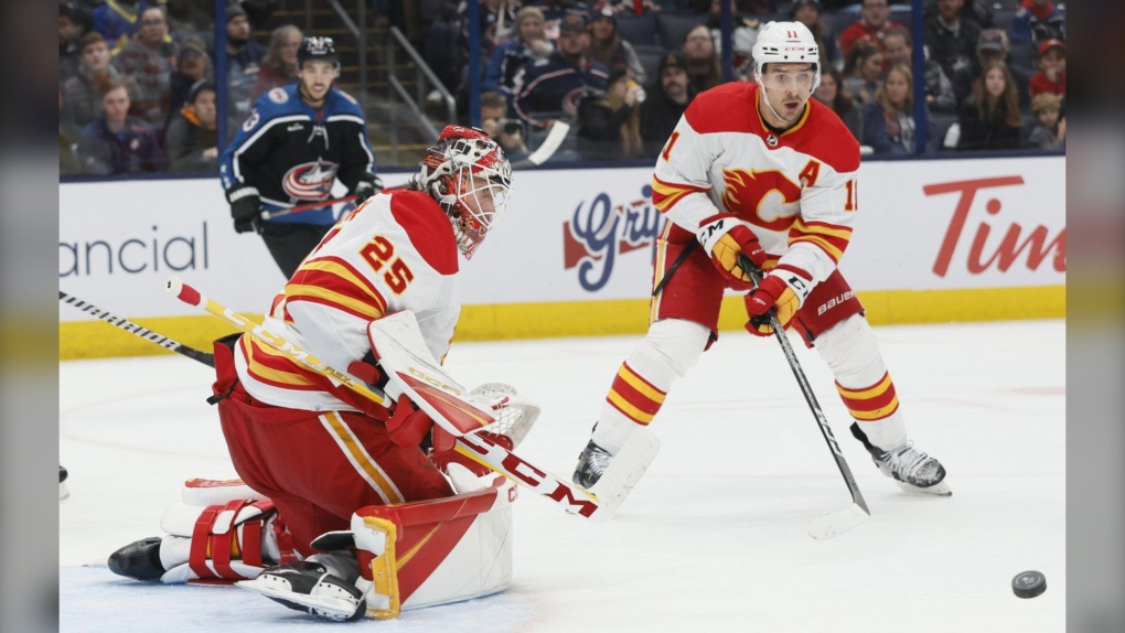 Calgary Flames goaltender Jacob Markstrom makes a save against the Columbus Blue Jackets during the second period in Columbus, Ohio, on Dec. 9, 2022. (AP Photo/Jay LaPrete)