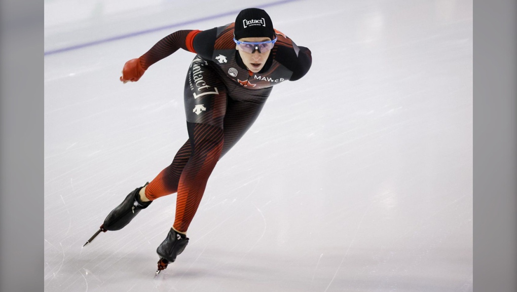 Canada's Ivanie Blondin skates during the women's 3000-metre competition at the ISU World Cup speed skating event in Calgary, Alta., Friday, Dec. 9, 2022.THE CANADIAN PRESS/Jeff McIntosh