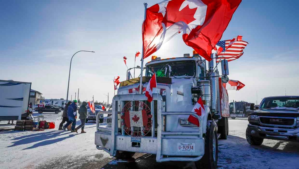 A truck protest remains in place at the Coutts border crossing between Alberta and Montana as arrests are being made at similar protests in other provinces. THE CANADIAN PRESS/Jeff McIntosh