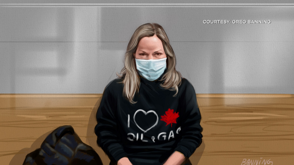 'Freedom Convoy' organizer Tamara Lich appears in court Saturday, Feb. 19, 2022, as seen in this courtroom sketch by illustrator Greg Banning. 