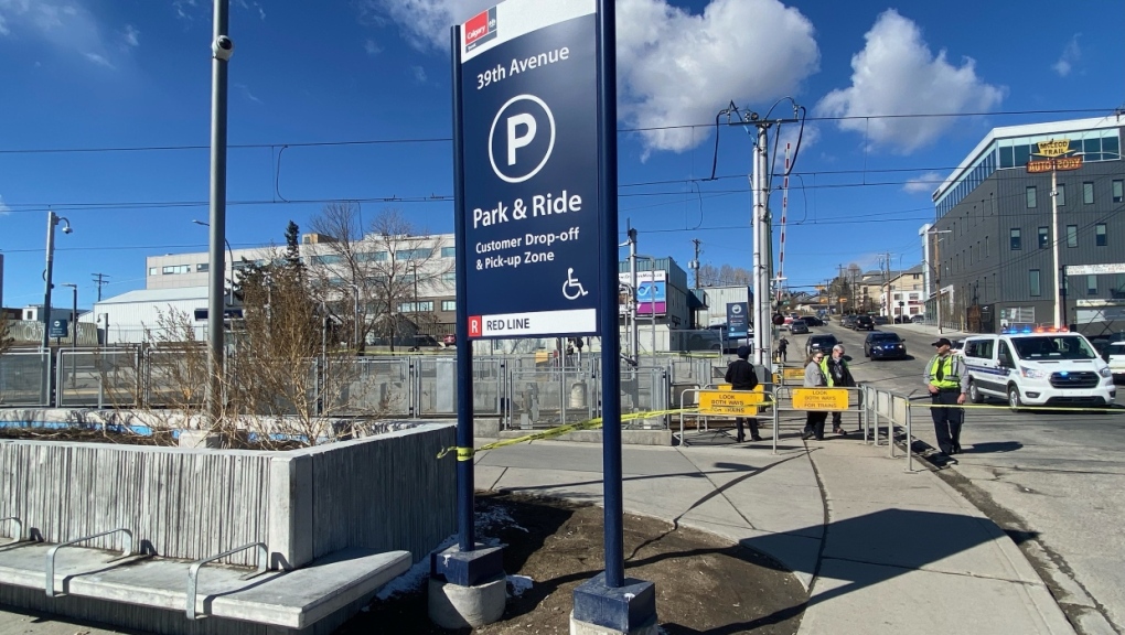 Calgary police investigate the death of a man at the 39th Avenue CTrain Station on Thursday, March 24, 2022. 