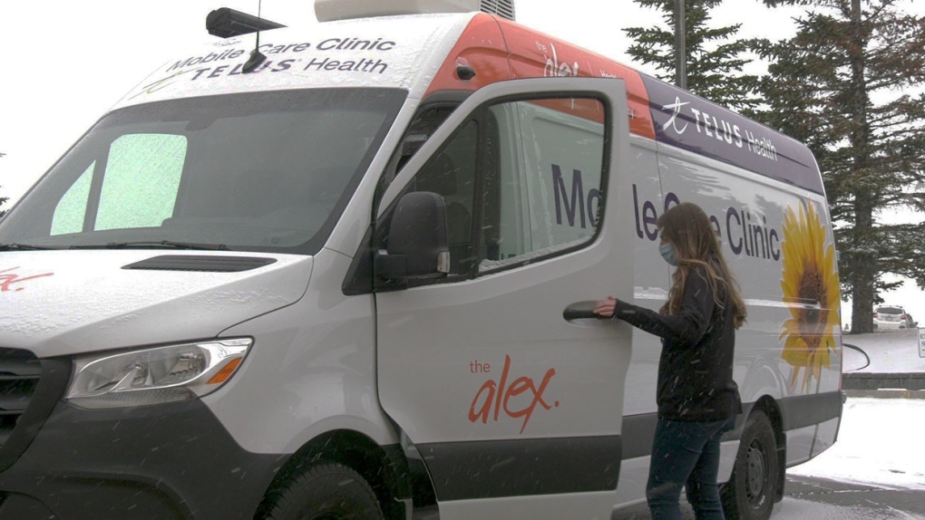 Emma Wissink, mobile health program lead with The Alex, checks out the newest and smallest medical facility on wheels operated by The Alex. It will focus on Calgary's downtown community."