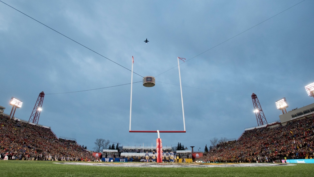 A Canadian Forces jet flies over McMahon Stadium during the 107th Grey Cup in Calgary, Alta., Sunday, November 24, 2019. The stadium's suspended sound system was decommissioned in April 2022. (THE CANADIAN PRESS/Frank Gunn) 