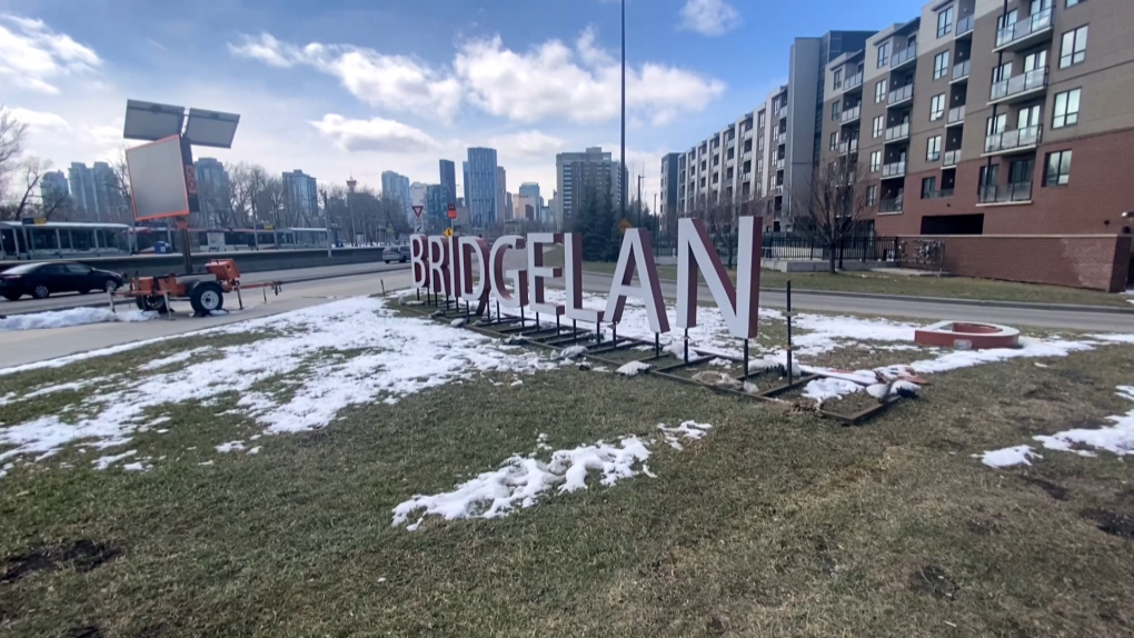The easternmost 'D' on the Bridgeland sign along Memorial Drive in northeast Calgary took the brunt of the damage when a vehicle left the road on April 20.