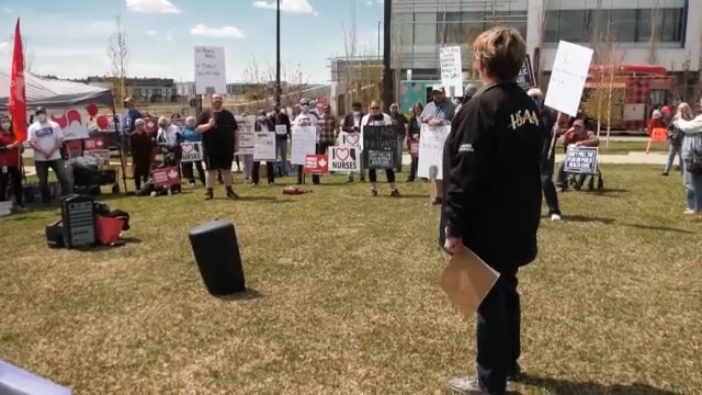 Staff and community members hosted a rally outside the South Health Campus in Calgary, on Saturday, May 14, 2022 (CTV News Calgary).