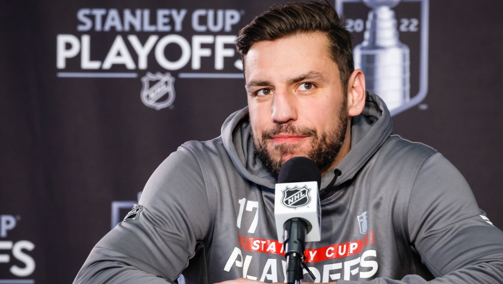Calgary Flames forward Milan Lucic speaks at a during a media availability in Edmonton, Monday, May 23, 2022 (The Canadian Press/Jeff McIntosh).