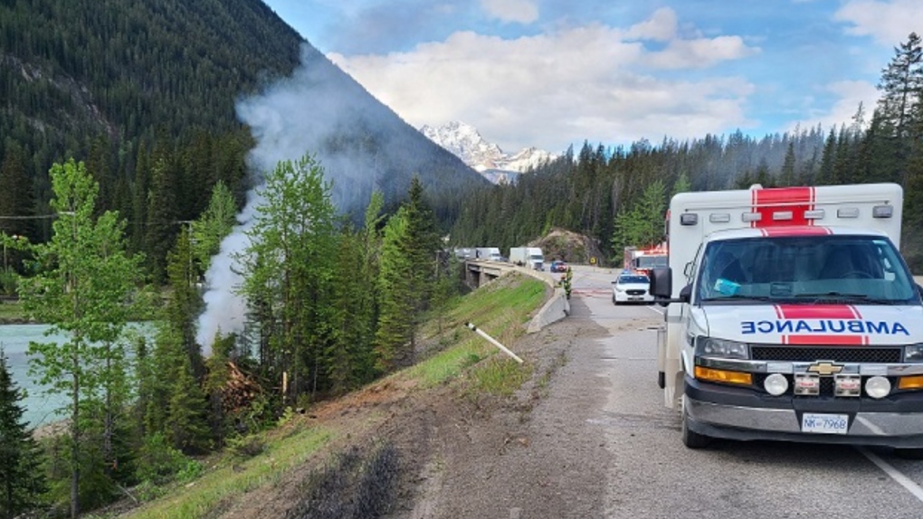 Emergency crews at the scene of Wednesday morning's fatal crash on the Trans-Canada Highway near Field, B.C. (RCMP)