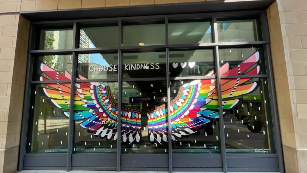 A Pride window display can be seen at the Calgary Telus Convention Centre in June 2022. (Instagram/@paulovincenzomelo98)