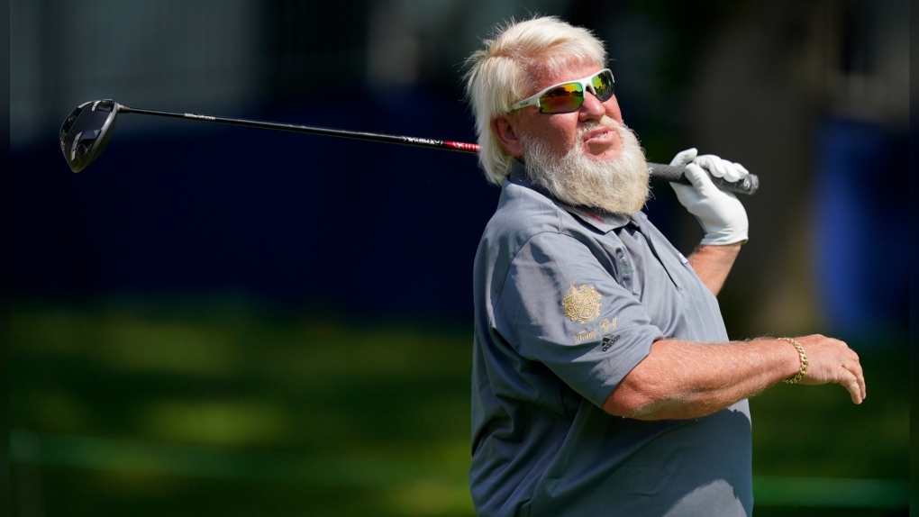 John Daly watches his shot off the 10th tee during the final round of the PGA Tour Champions Principal Charity Classic golf tournament, Sunday, June 5, 2022, in Des Moines, Iowa. (AP Photo/Charlie Neibergall) 
