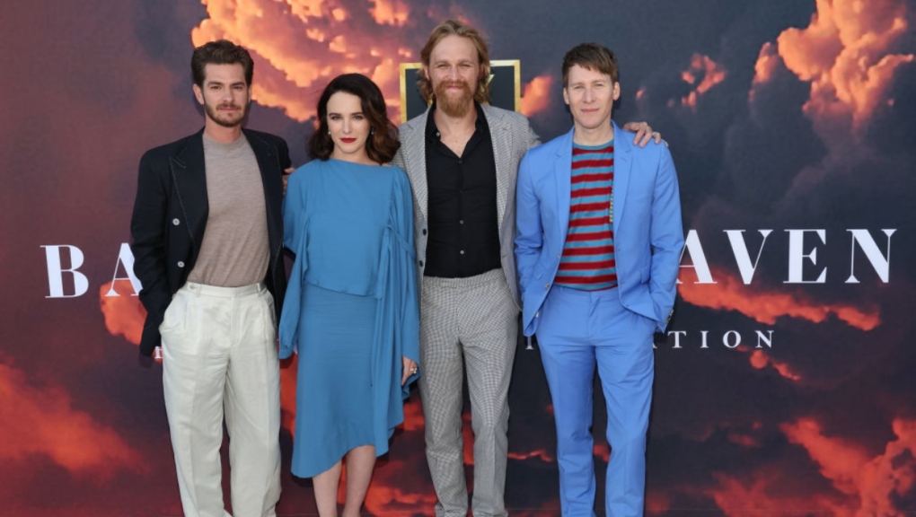 From left to right: Andrew Garfield, Tyner Rushing, Wyatt Russell and Dustin Lance Black attend the Disney FYC event for FX's 'Under The Banner of Heaven' at the El Capitan Theatre on June 5, 2022 in Los Angeles, California. (Photo by David Livingston/Getty Images)