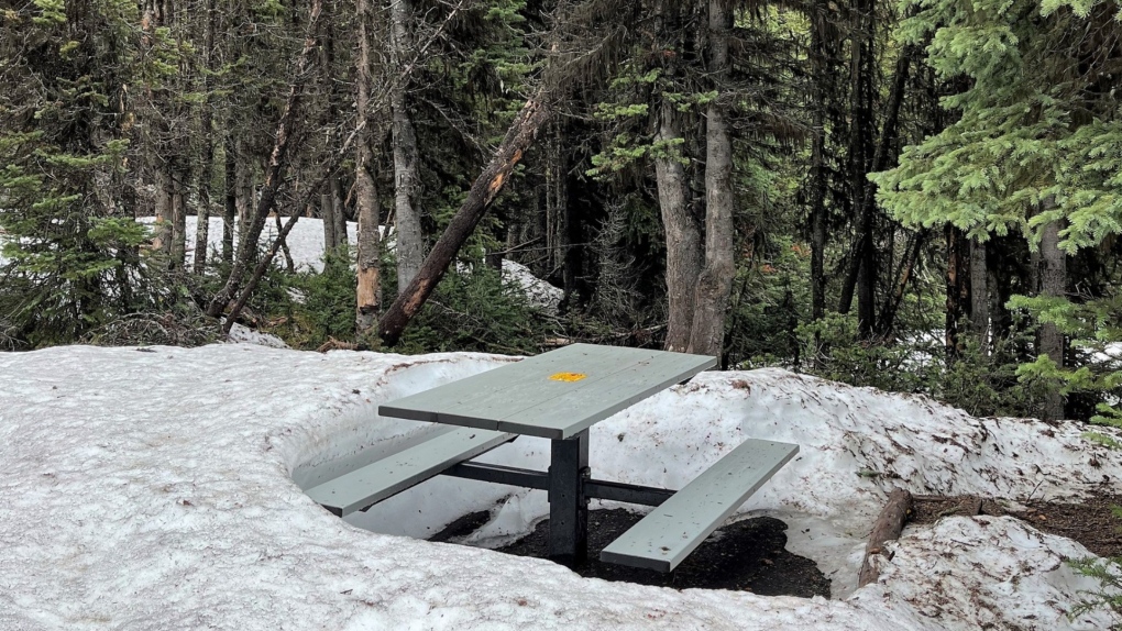 Snow remains on the ground at Aster Lake and Turbine campgrounds in Peter Lougheed Provincial Park. (Facebook/Alberta Parks) 