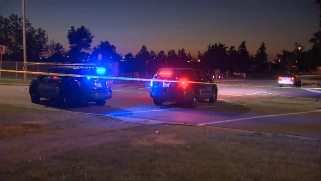 Calgary police investigate after a pedestrian was hit by a vehicle on Fourth Street N.E. between Bedfield Gate and Huntstrom Drive on July 28, 2022. 