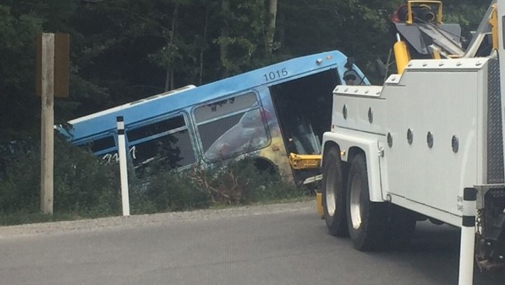 A Roam Transit Bus rolled down an embankment near Lake Minnewanka on Aug. 10, 2022. Officials say no one was on the bus at the time and no one was hurt.