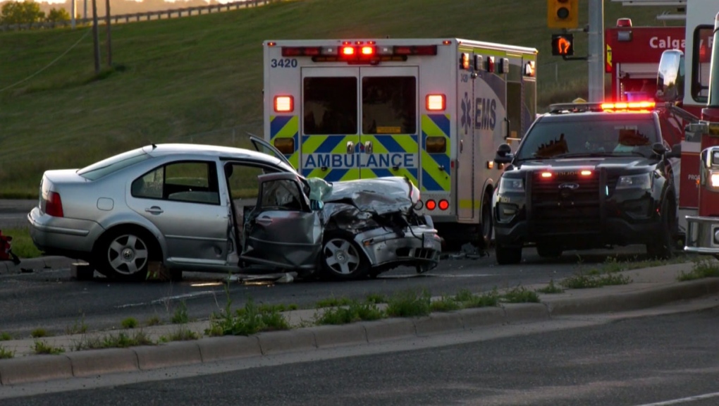 A passenger vehicle sustained heavy damage in a crash involving a tour bus in northwest Calgary on Saturday evening.