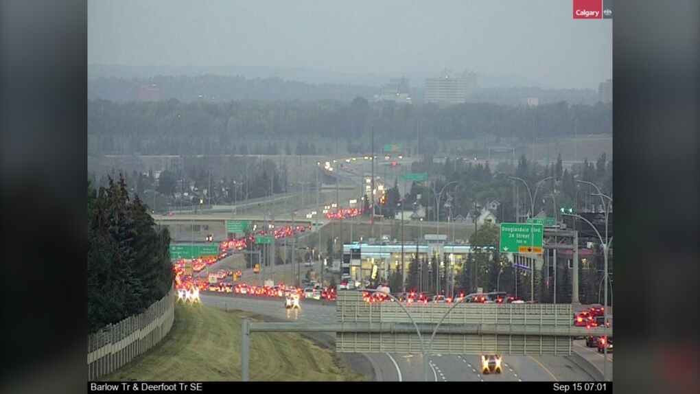 A long line of tail lights on northbound Deerfoot Trail Thursday morning following a crash near the Douglasdale Boulevard exit. (City of Calgary)