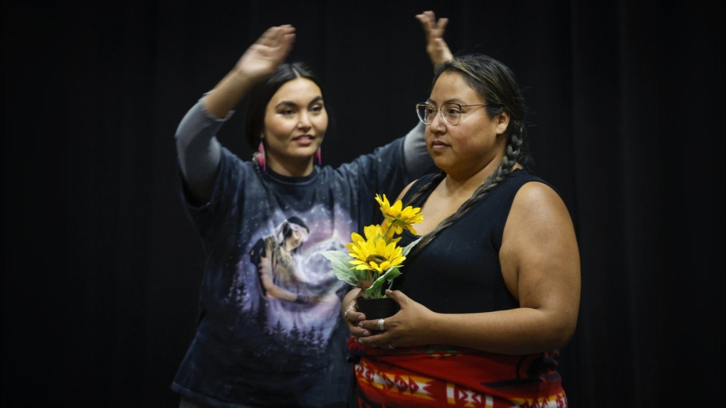 Actors Mary Rose Cohen, left, and Janine Owlchild rehearse for the play O'Kosi in Calgary, Alta., Friday, Sept. 16, 2022.(THE CANADIAN PRESS/Jeff McIntosh)