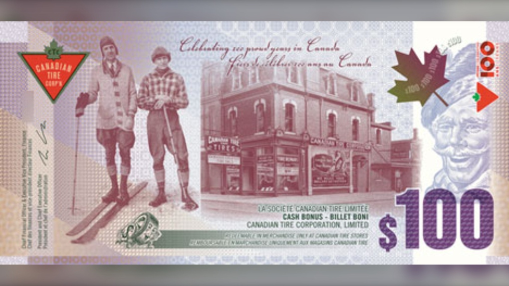 The authentic $100 Canadian Tire bills will be hidden at participating locations between Sept. 23 and 29, with clues to their locations being shared on social media. (Supplied/Canadian Tire) 