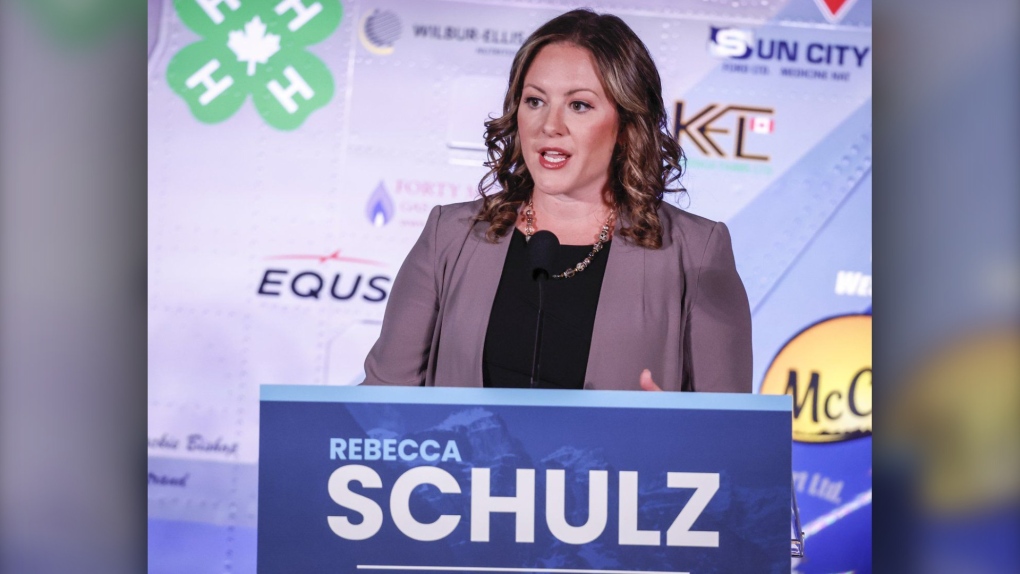 Rebecca Schulz makes a comment during the United Conservative Party of Alberta leadership candidate's debate in Medicine Hat, Alta., Wednesday, July 27, 2022. The seven candidates running to be the next UCP leader and premier are split on whether Alberta should bring in its own provincial police force.(THE CANADIAN PRESS/Jeff McIntosh)