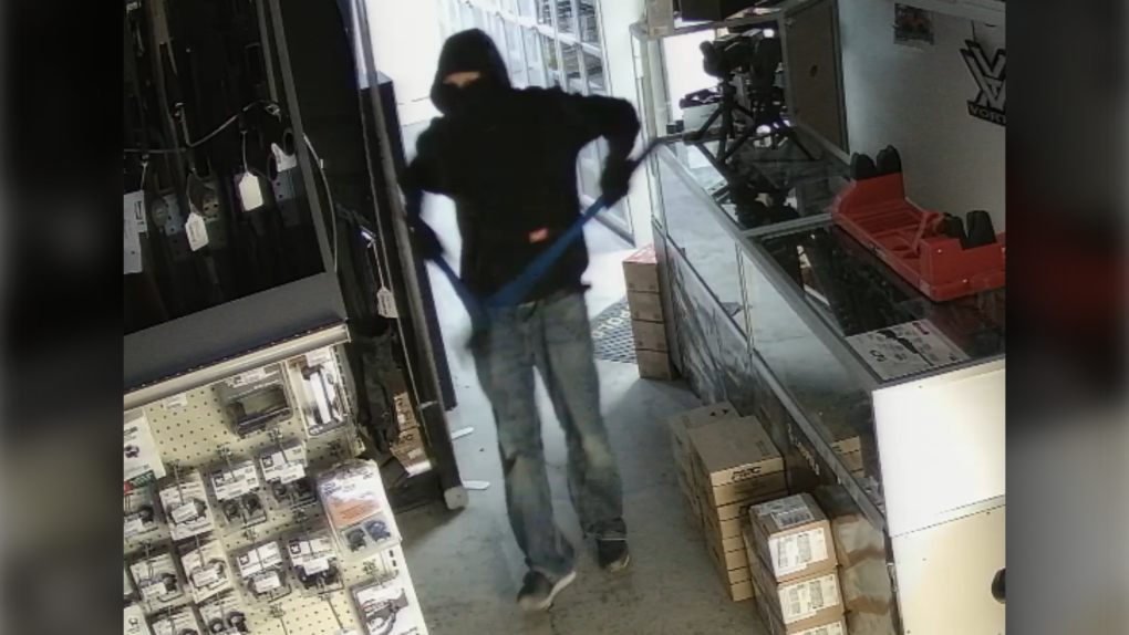 Surveillance image of the suspect in a Sept. 27 break-in where firearms were stolen at Alberta Hardware in Fort Macleod, Alta. (RCMP)