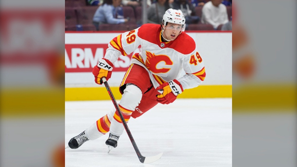 Jakob Pelletier was one of three players returned to the Calgary Wranglers Saturday morning, along with Walker Duehr and Dennis Gilbert. (Photo: Twitter@NHLFlames)